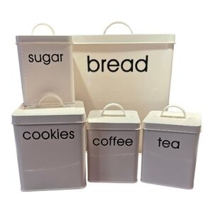 Kitchen Cannister 5 Piece Set Tin Farmhouse Style Shabby Chic Rustic With Handle